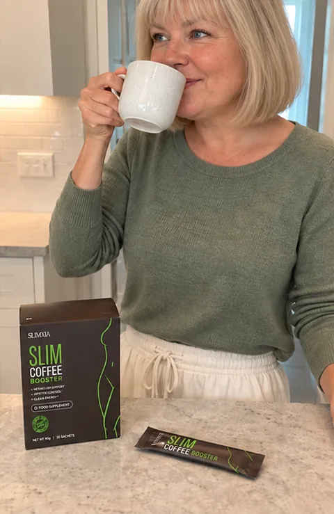 Woman sipping her morning coffee with Slim Coffee Booster